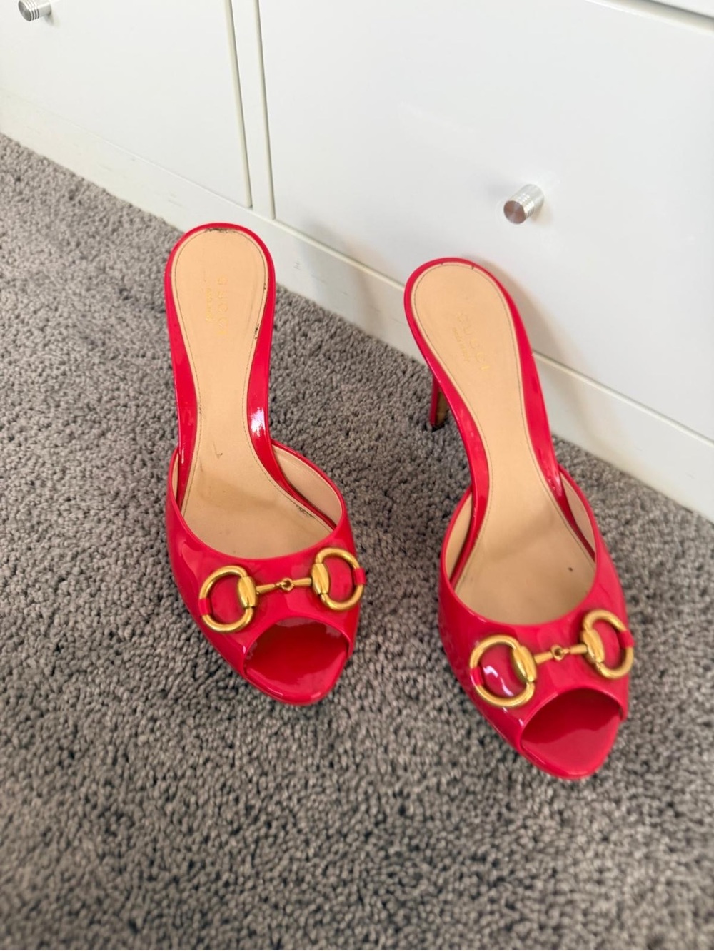 Gucci Red Patent Leather Open-Toe Heeled Mules with Gold Horsebit